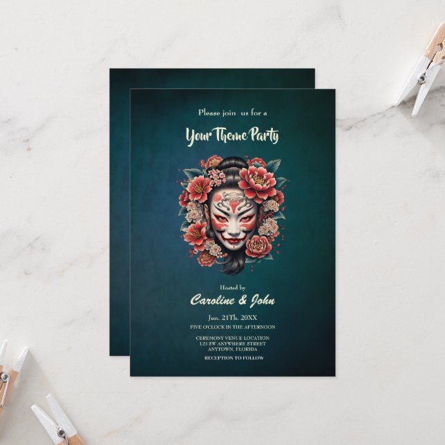 Den japanska masken är korkad med blommor. inbjudningar (Fram/Back In Situ)