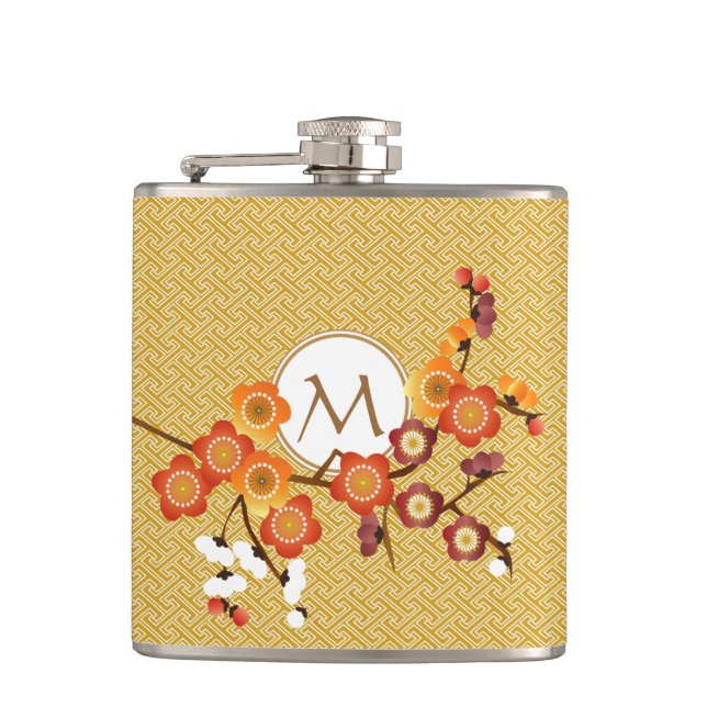 Den japanska plommonet blomstrar guld- orange rött fickplunta (Framsidan)