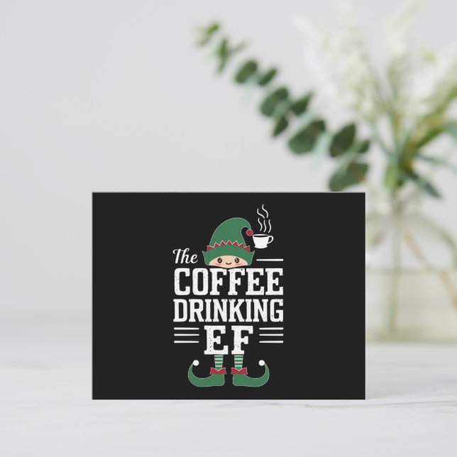 Den kaffedrickande älffamiljen matchande jul helg vykort (Stående Fram)