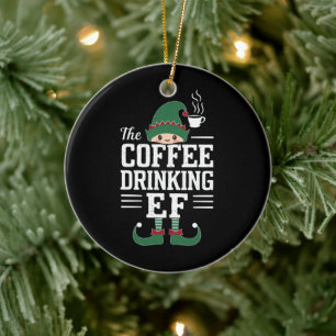 Den kaffedrickande älffamiljen matchande jul julgransprydnad keramik