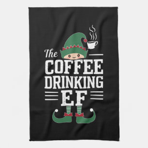Den kaffedrickande älffamiljen matchande jul kökshandduk