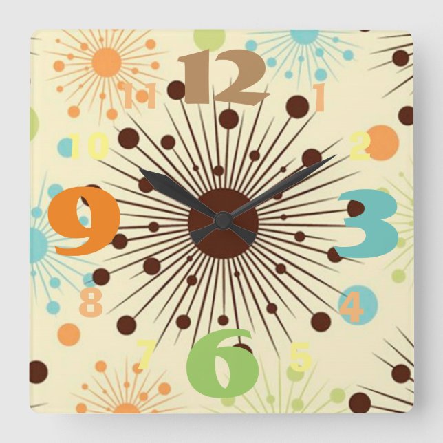 Den kalla Retro 50-taldesignväggen tar tid på Fyrkantig Klocka (Framsida)