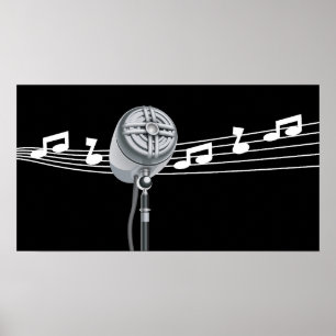 Den kalla Retro Mic & musik noter svärtar Poster