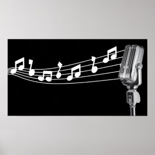 Den kalla Retro Mic & musik noter svärtar Poster
