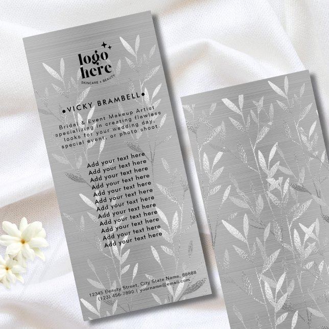 Den känsliga Faux Silver Lövs Brushed Metall-katal Reklamkort (Delicate Silver Leaves Brushed Metal Catalog Rack Card)