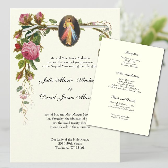 Den katolska Eleganten Ivory Bröllop Divine Mercy  Inbjudningar (Divine Mercy Traditional Catholic Wedding Invitations)