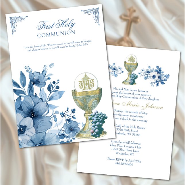 Den katolska Heligan Communion Dusty Blue Blommigt Inbjudningar (EASY TO PERSONALIZE!)