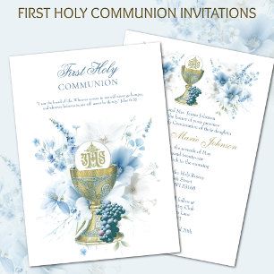Den katolska Heligan Communion Light Blue Blommigt Inbjudningar