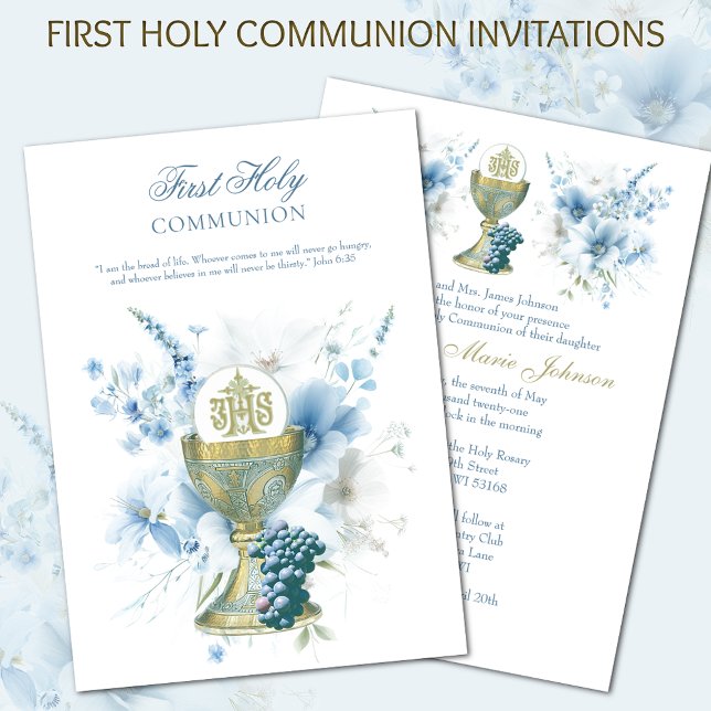 Den katolska Heligan Communion Light Blue Blommigt Inbjudningar (Skapare uppladdad)