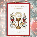 Den katolska julen Eucharist Röd ros Helgkort<br><div class="desc">Med ett vackert vintage bild i Heligan Eucharist ovanför en guld-chalis med röd ros. All text kan ändras.</div>
