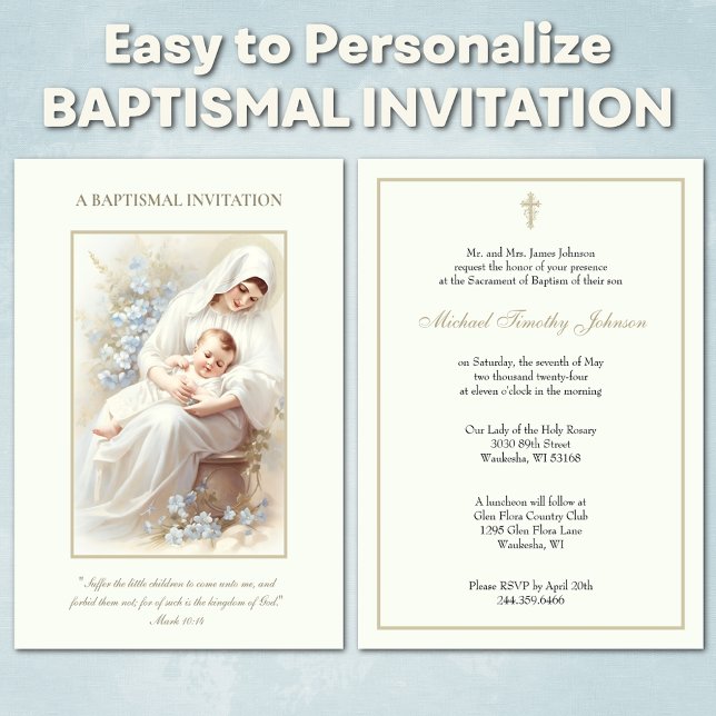 Den katolska Vintagen Baby Baptism Christening Blo Inbjudningar (Traditional Catholic Baptismal Invitation with Blesse Virgin Mary and Baby)