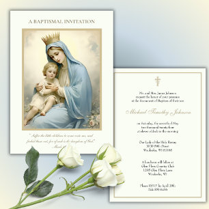 Den katolska Vintagen Baby Baptism Christening Blo Inbjudningar