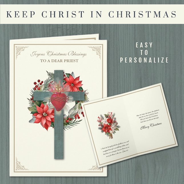 Den katolske prästen Poinsettia Kor Heart of Jesus Helgkort (Traditional Catholic Priest Christmas Card with Sacred Heart of Jesus and poinsettias.)
