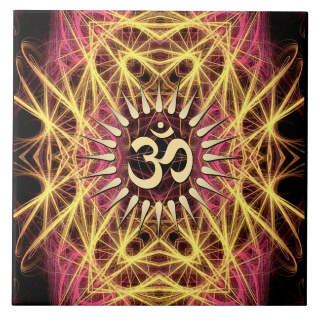 Den keramiska Fractalwebsen av guld- Aum belägger Kakelplatta (Framsidan)