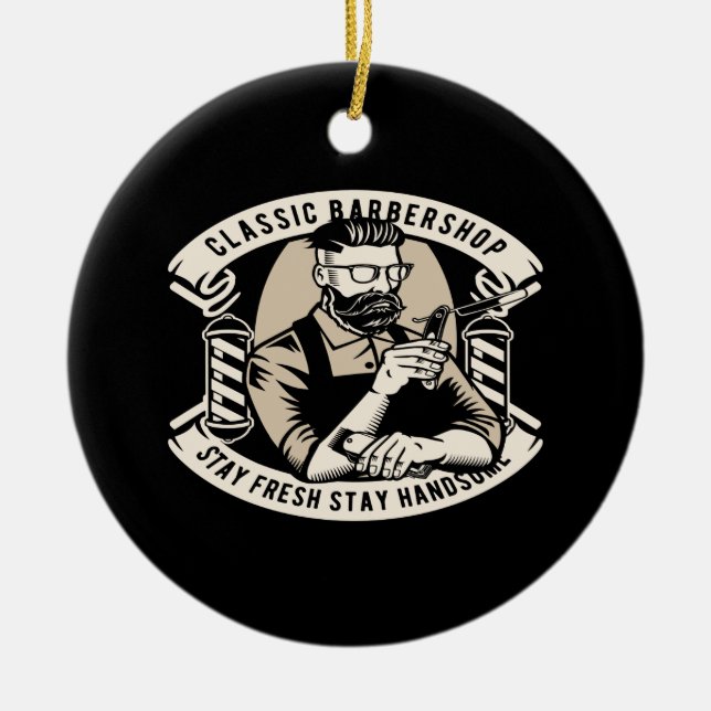 Den klassiska barberbutiken stannar friskt och sti julgransprydnad keramik (Framsidan)