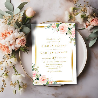 den klassiska guld ram rosa  blommigten bröllop inbjudningar