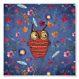 Den kloka fågeln uggla i blomsterträdgård fototryck