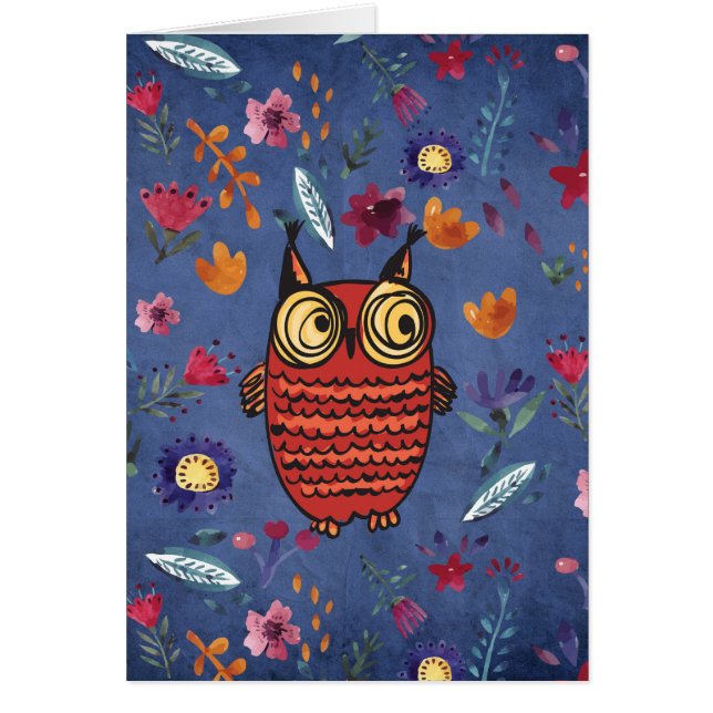 Den kloka fågeln uggla i blomsterträdgård hälsningskort (Framsidan)
