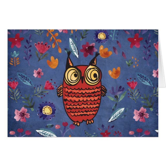 Den kloka fågeln uggla i blomsterträdgård hälsningskort (Framsidan Horizontal)