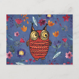 Den kloka fågeln uggla i blomsterträdgård vykort