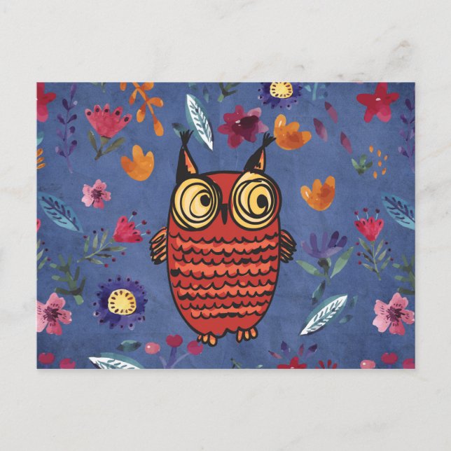 Den kloka fågeln uggla i blomsterträdgård vykort (Framsida)