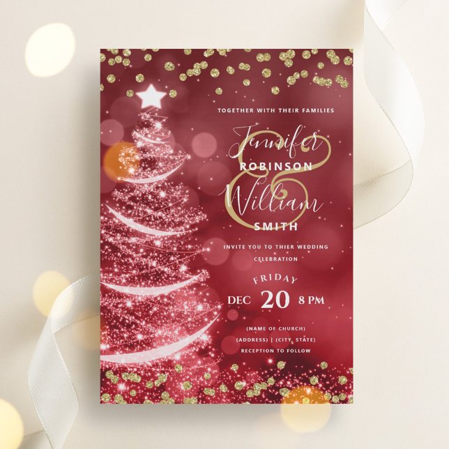 Den kommande julafton Guld Red Bröllop Gnistra Trä Inbjudningar (Festive Christmas Gold Red Wedding Sparkle Tree Invitation)