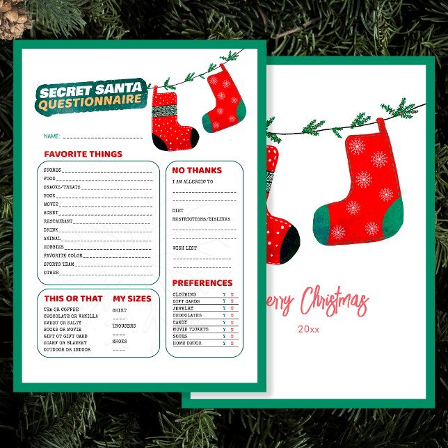 Den konstiga julspelet Secret Santa Questionnaire Julkort (Front and Back)