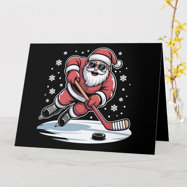 Den konstiny jultomten spelar Ice Hockey Julafton Kort (Gul blomma)