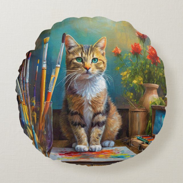 Den konstnärliga katten rund kudde (Framsidan)
