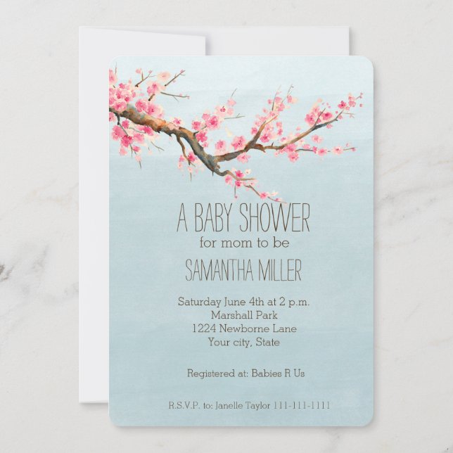 Den körsbärsröda blommar blommar baby shower inbjudningar (Baksida)