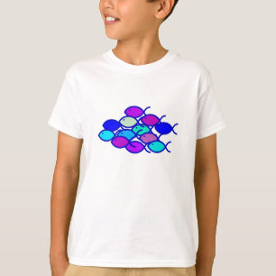 Den kristna fisken skolar - lilor och blått tee shirt