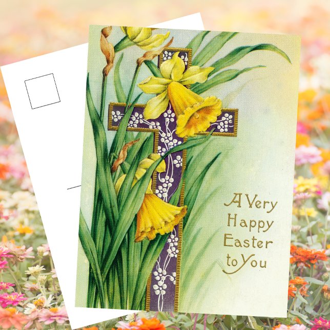 Den kristna katolska Blommigten Kor Jesus Glad pås Helg Vykort (Vintage Religious Christian Catholic Floral Cross Jesus Christ is Risen Happy Easter  Postcard)