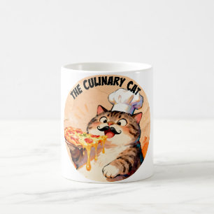 Den kulinariska katten med pizzakatchef som håller kaffemugg