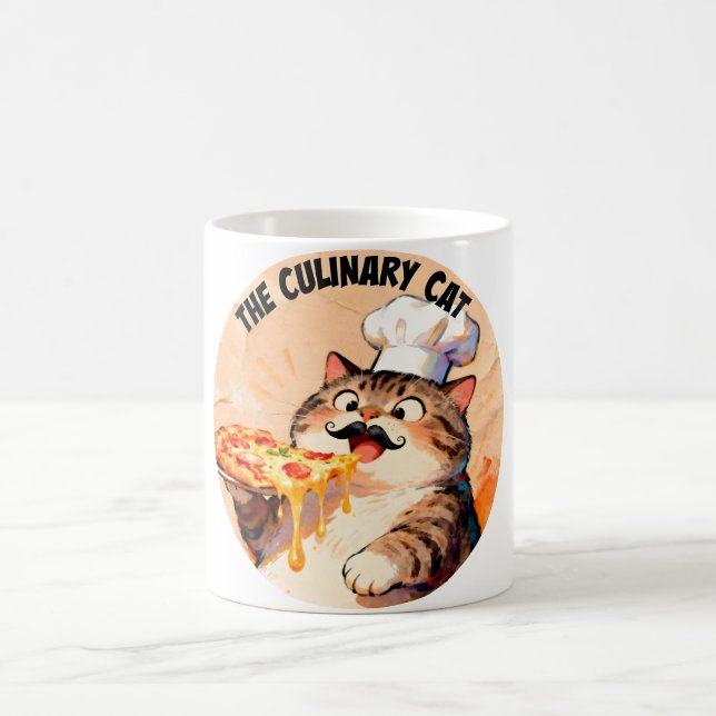Den kulinariska katten med pizzakatchef som håller kaffemugg (Center)