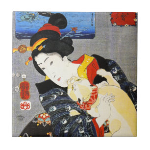 Den Kuniyoshi kvinnan med en katt belägger med Kakelplatta