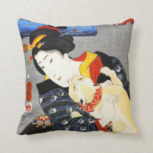 Den Kuniyoshi kvinnan med en katt kudder Kudde
