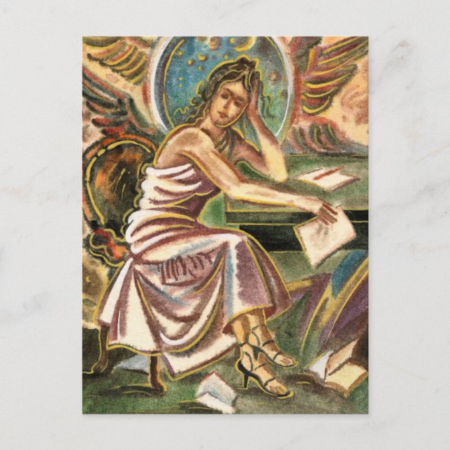 Den kvinnliga skrivaren tänker på vattenfärgsmålni vykort (Framsida)