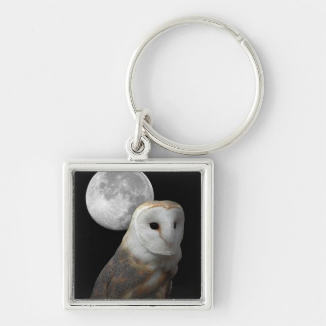 Den ladugårdugglan och månen kvadrerar Keychain Fyrkantig Silverfärgad Nyckelring (Framsidan)