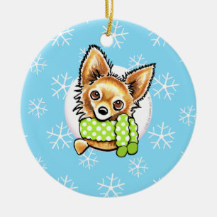 Den långa Haired chihuahuaen låt det snöa Julgransprydnad Keramik