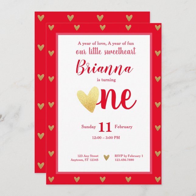 Den lilla, älskling Valentine Hearts First Birthda Inbjudningar (Fram/baksida)