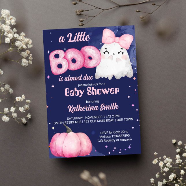 Den lilla boo Halloween flicka-spökbabydusch I Inbjudningar (Little boo baby girl ghost pink pumpkin Halloween baby shower invitation template instant download )