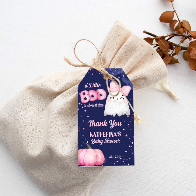 Den lilla boon Halloween-pejabilen-babydusch. Presentetikett (Halloween girls baby shower thank you favor gift tags cute baby ghost pink bow starry night favor)
