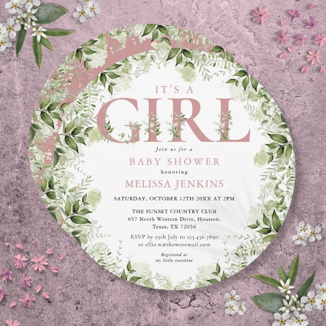 Den lilla Brev-babystölden för en flicka Greenery  Inbjudningar (Its A Girl Greenery Dusty Rose Letter Baby Shower Invitation)