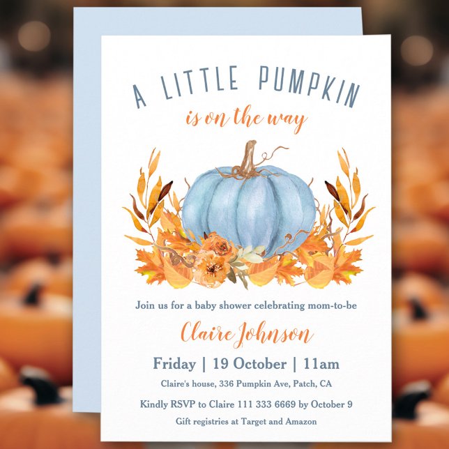 Den lilla dockan är på väg att få en blå pojkbabys inbjudningar (Little Pumpkin Is On The Way Blue Boy Baby Shower Invitation)