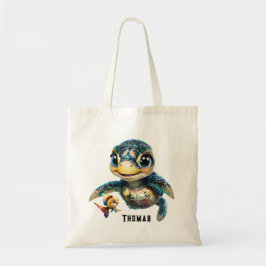 Den lilla havssköldpaddan som utforskar med sin vä tygkasse