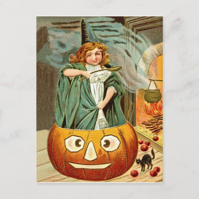 Den lilla häxflickan lagar mat på en stor pumpa. vykort (Framsida)