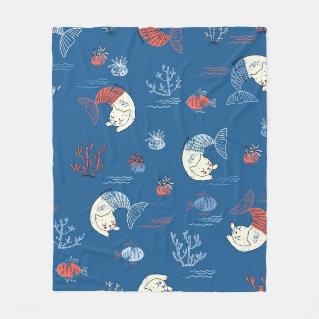 Den lilla kattens sjöjungfru är sömlös mönster. Te Fleecefilt (Framsidan)