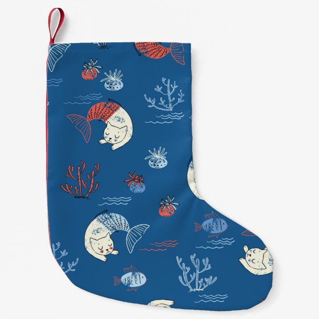 Den lilla kattens sjöjungfru är sömlös mönster. Te Liten Julstrumpa (Framsidan)