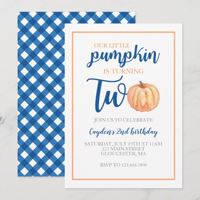 Den lilla pumpkin är 2:a födelsedagen. inbjudningar (Fram/baksida)
