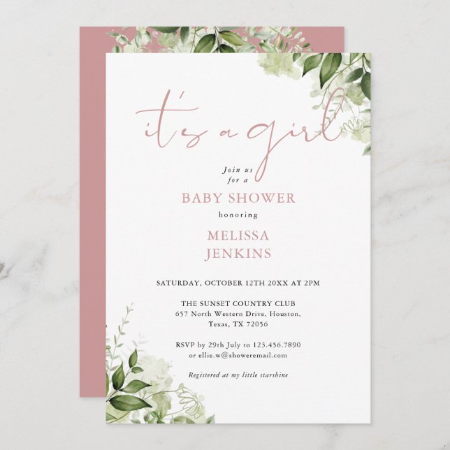 Den lilla Ro-dammsugaren i Greenery Baby Shower Inbjudningar (Fram/baksida)